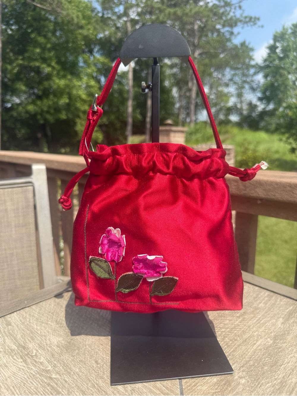 EUC vintage Furla red satin drawstring pouch mini bag Embroidered Rare